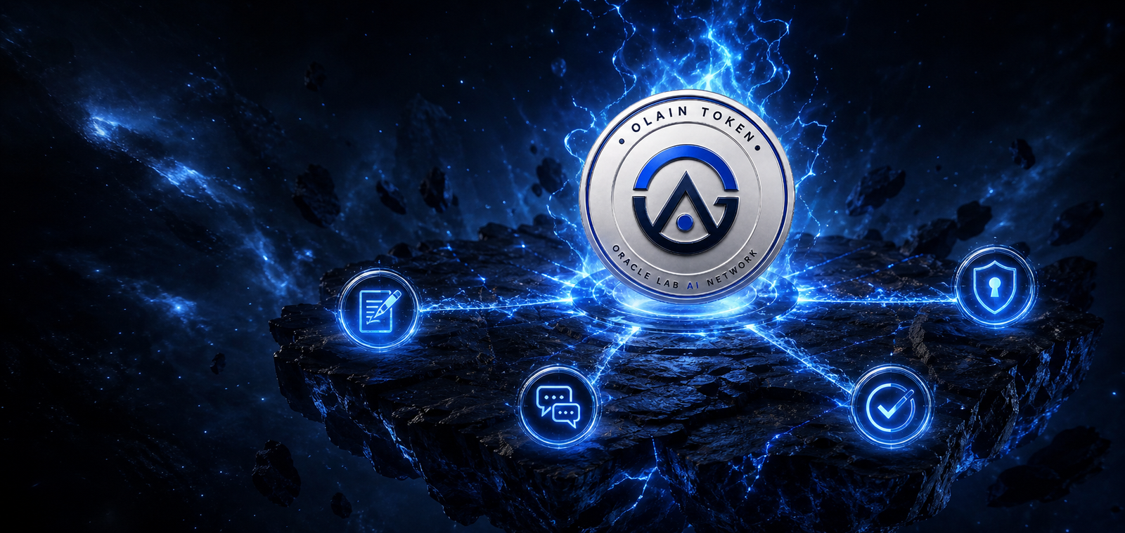 OLAIN token rising above a blue plasma governance rock